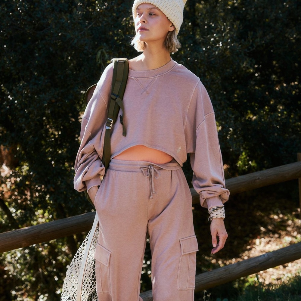 Free People Pink Cropped Sweatshirt and Joggers Set